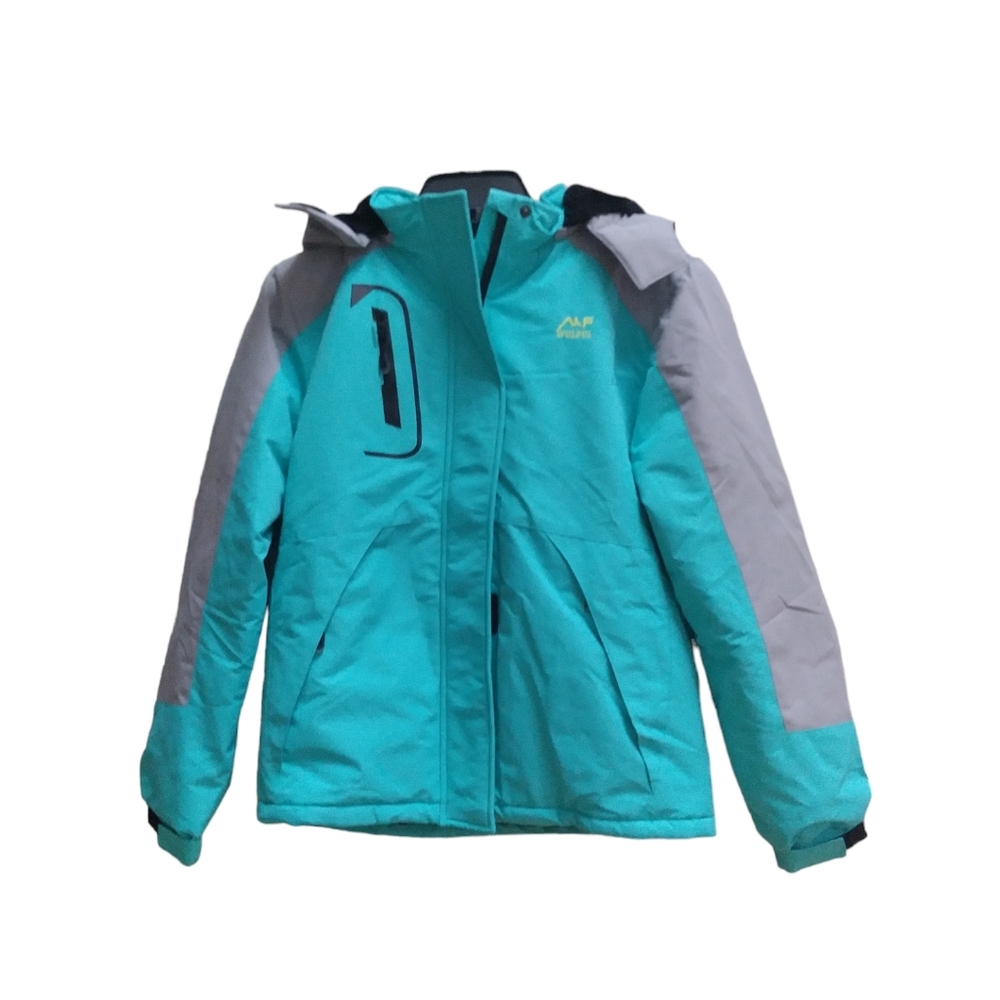 Wulful Ski Jacket Girls 10-12 Teal Black Hooded Zip Pockets Full Zip